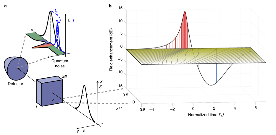 Setup illustrating the time-flow perspective of sub-cycle squeezing, showing the generation and detection of the quantum field inside the nonlinear crystal.