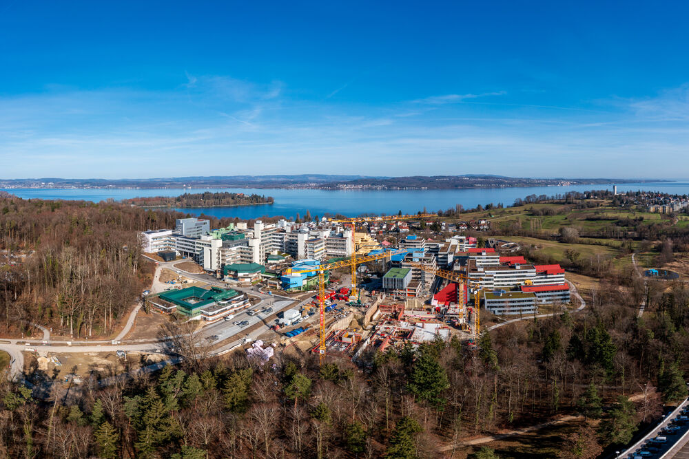 Aerial view of the University of Konstanz, with construction area in the foreground.