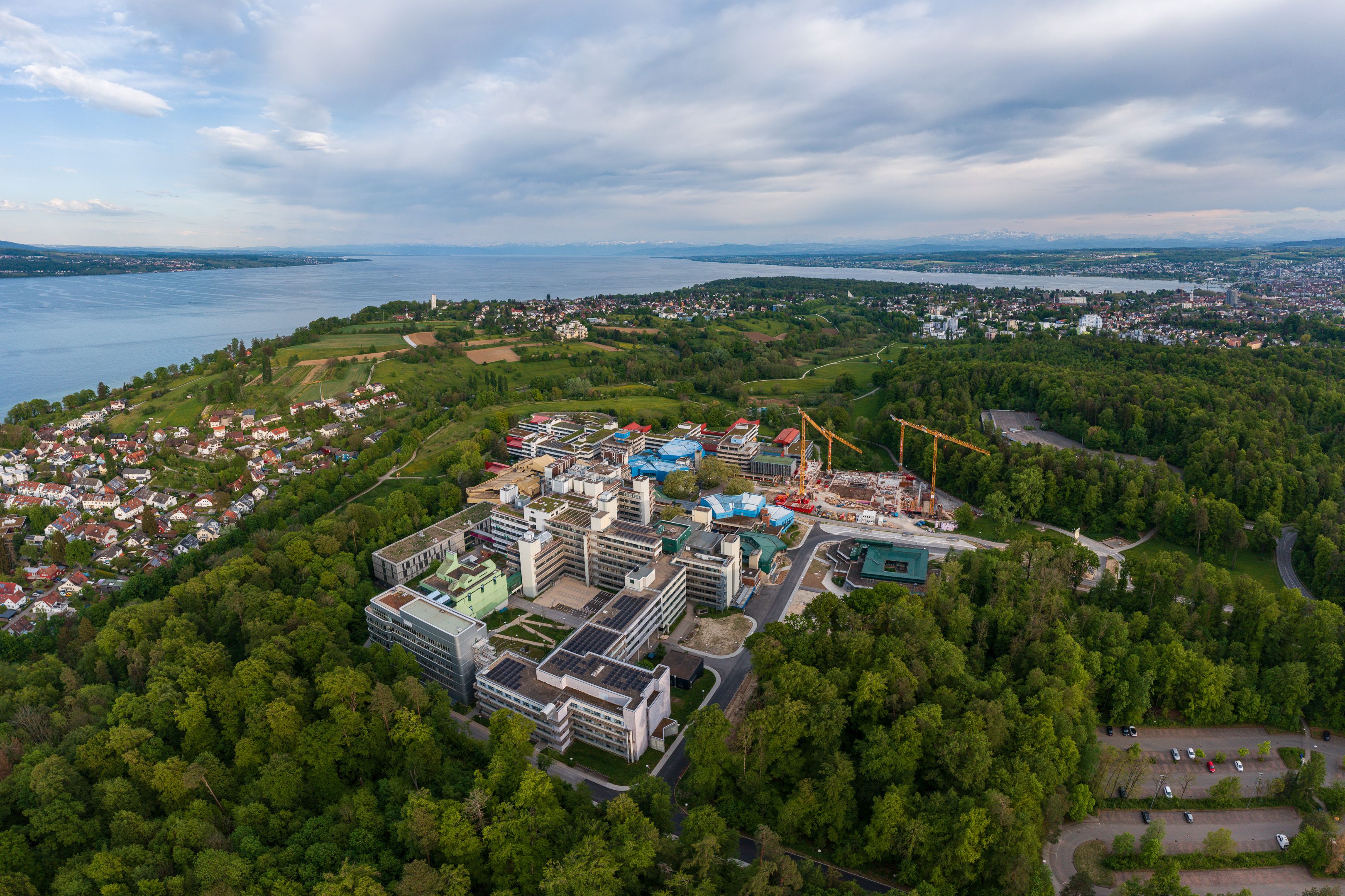 Aerial view of the University of Konstanz campus at sunrise