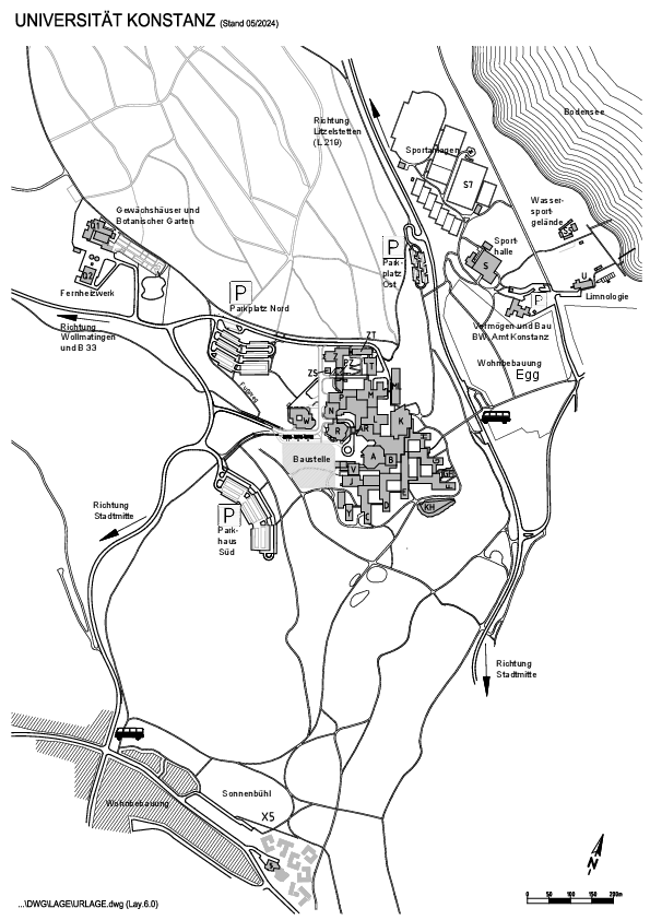 Large campus map with building description in German..