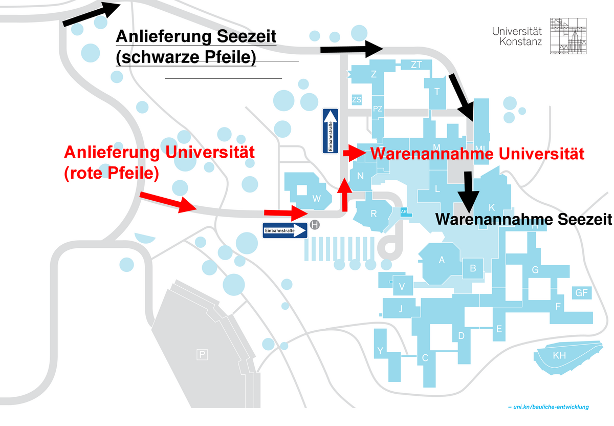 Directions to the goods receiving department at the university and Seezeit